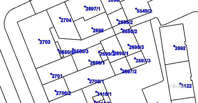 Parcela st. 2699/2 v KÚ Plzeň, Katastrální mapa