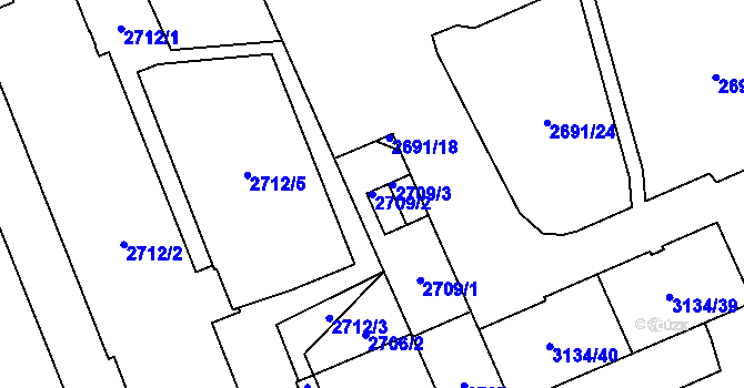 Parcela st. 2709/2 v KÚ Plzeň, Katastrální mapa