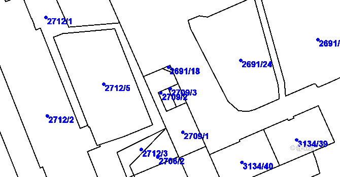 Parcela st. 2709/3 v KÚ Plzeň, Katastrální mapa