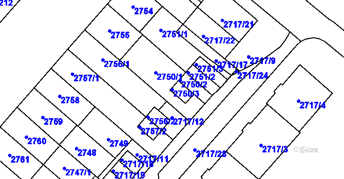 Parcela st. 2750/3 v KÚ Plzeň, Katastrální mapa