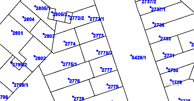 Parcela st. 2775/2 v KÚ Plzeň, Katastrální mapa
