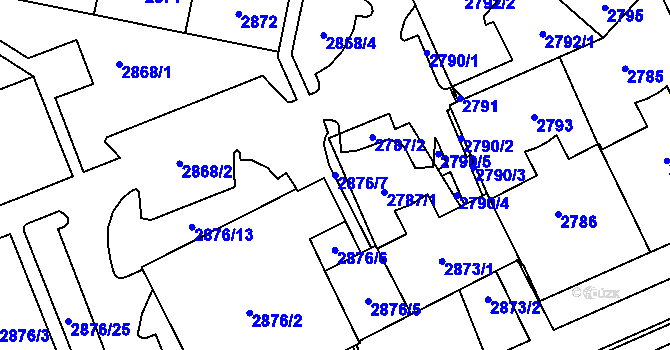 Parcela st. 2876/7 v KÚ Plzeň, Katastrální mapa