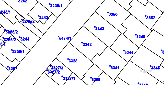 Parcela st. 3342 v KÚ Plzeň, Katastrální mapa