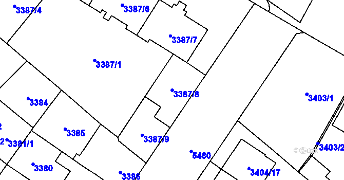 Parcela st. 3387/8 v KÚ Plzeň, Katastrální mapa