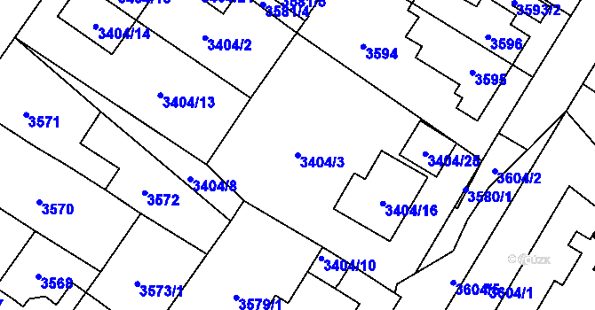 Parcela st. 3404/3 v KÚ Plzeň, Katastrální mapa