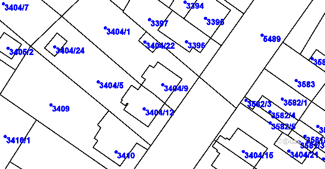 Parcela st. 3404/9 v KÚ Plzeň, Katastrální mapa