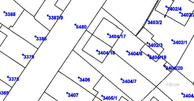 Parcela st. 3404/18 v KÚ Plzeň, Katastrální mapa