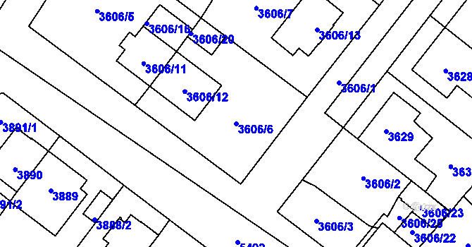 Parcela st. 3606/6 v KÚ Plzeň, Katastrální mapa