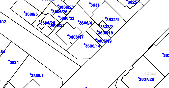 Parcela st. 3606/14 v KÚ Plzeň, Katastrální mapa