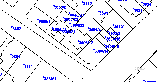 Parcela st. 3606/17 v KÚ Plzeň, Katastrální mapa
