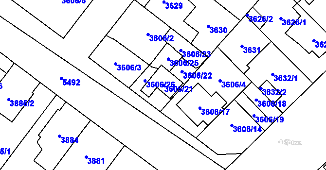 Parcela st. 3606/21 v KÚ Plzeň, Katastrální mapa