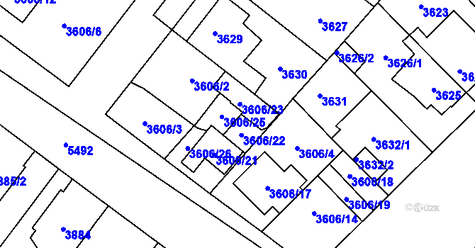 Parcela st. 3606/22 v KÚ Plzeň, Katastrální mapa