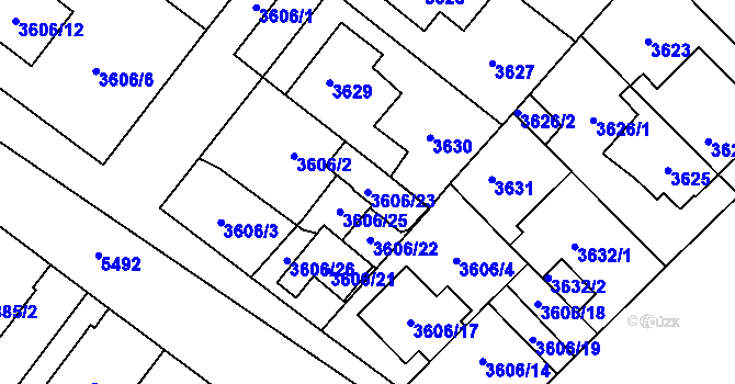 Parcela st. 3606/23 v KÚ Plzeň, Katastrální mapa
