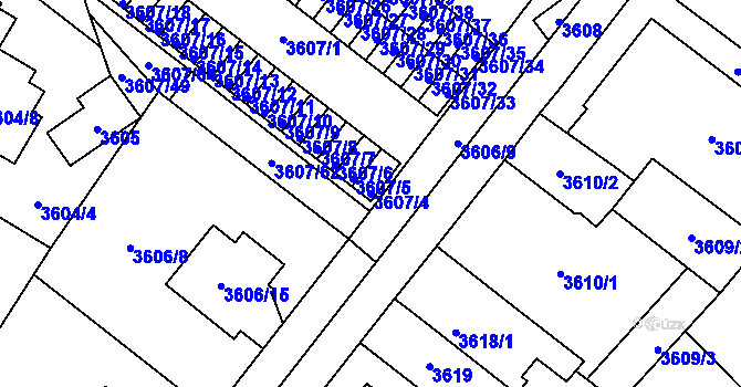 Parcela st. 3607/4 v KÚ Plzeň, Katastrální mapa
