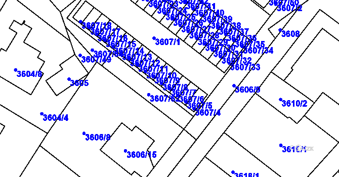 Parcela st. 3607/7 v KÚ Plzeň, Katastrální mapa