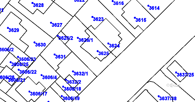 Parcela st. 3625 v KÚ Plzeň, Katastrální mapa