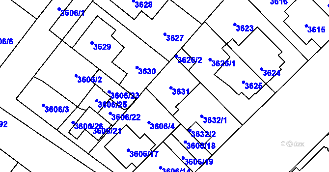 Parcela st. 3631 v KÚ Plzeň, Katastrální mapa