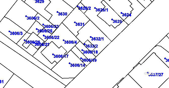 Parcela st. 3632/2 v KÚ Plzeň, Katastrální mapa