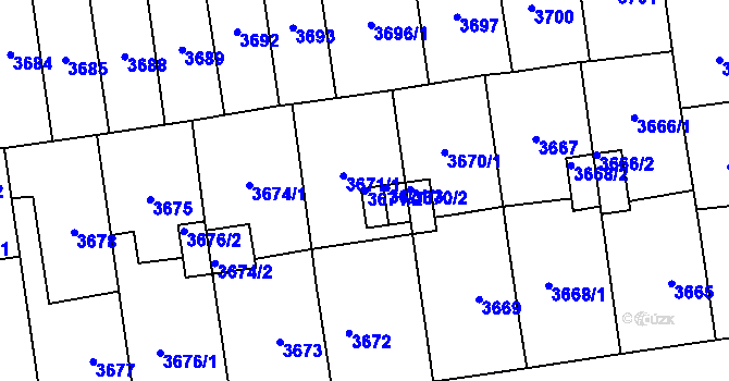 Parcela st. 3671/2 v KÚ Plzeň, Katastrální mapa