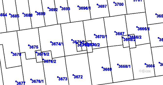 Parcela st. 3671/3 v KÚ Plzeň, Katastrální mapa