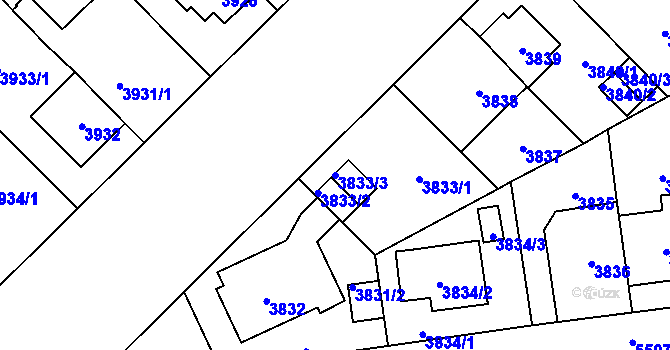 Parcela st. 3833/3 v KÚ Plzeň, Katastrální mapa