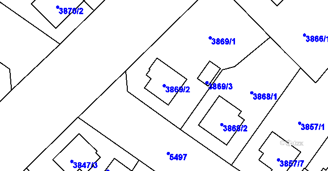 Parcela st. 3869/2 v KÚ Plzeň, Katastrální mapa