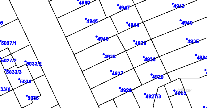 Parcela st. 4938 v KÚ Plzeň, Katastrální mapa