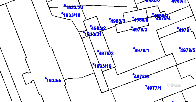 Parcela st. 4978/2 v KÚ Plzeň, Katastrální mapa