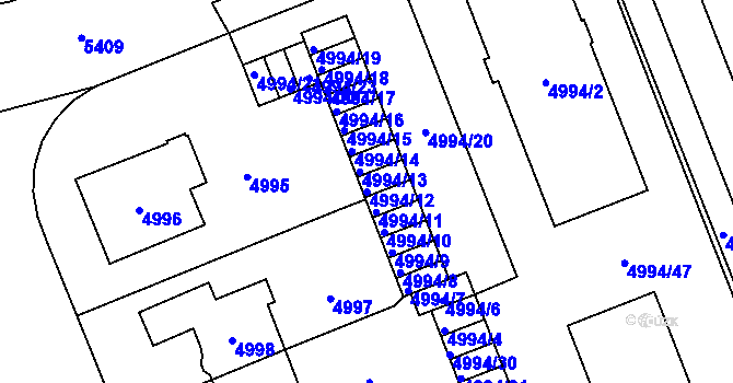 Parcela st. 4994/12 v KÚ Plzeň, Katastrální mapa