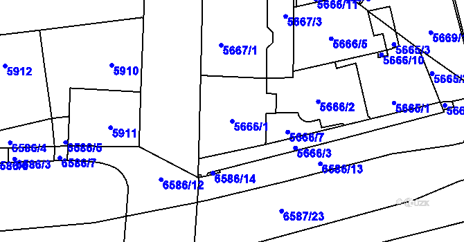 Parcela st. 5666/1 v KÚ Plzeň, Katastrální mapa