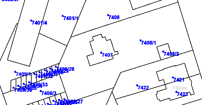 Parcela st. 7407 v KÚ Plzeň, Katastrální mapa
