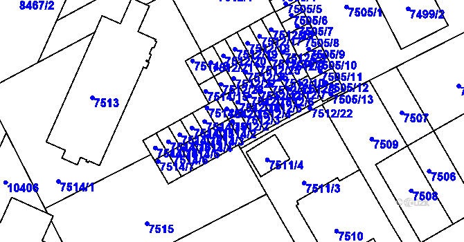 Parcela st. 7512/2 v KÚ Plzeň, Katastrální mapa