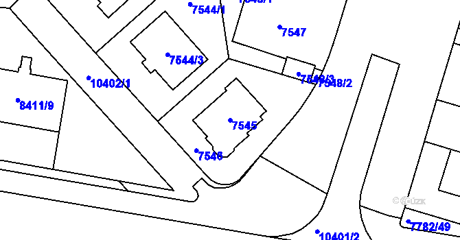 Parcela st. 7545 v KÚ Plzeň, Katastrální mapa