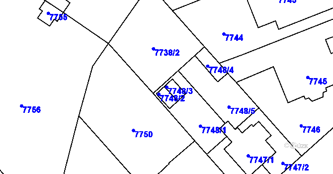 Parcela st. 7748/3 v KÚ Plzeň, Katastrální mapa