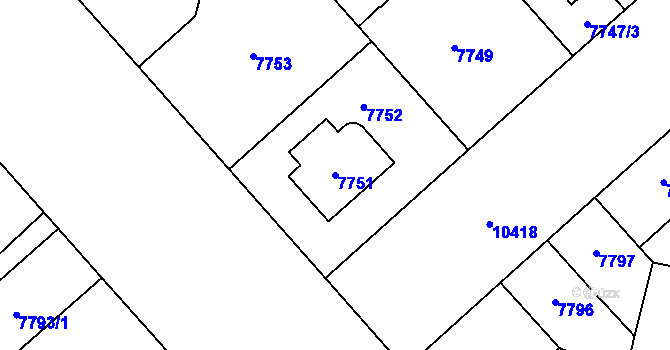 Parcela st. 7751 v KÚ Plzeň, Katastrální mapa