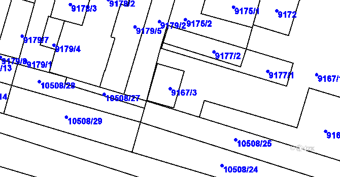 Parcela st. 9167/3 v KÚ Plzeň, Katastrální mapa