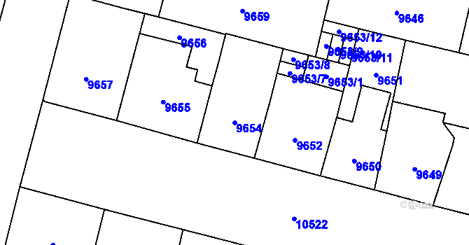 Parcela st. 9654 v KÚ Plzeň, Katastrální mapa