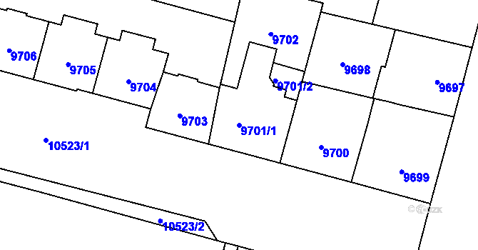 Parcela st. 9701/1 v KÚ Plzeň, Katastrální mapa