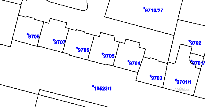 Parcela st. 9705 v KÚ Plzeň, Katastrální mapa