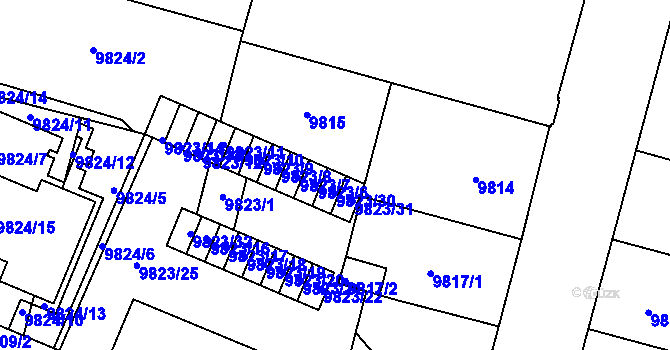 Parcela st. 9823/5 v KÚ Plzeň, Katastrální mapa