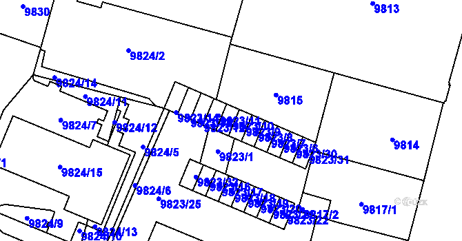 Parcela st. 9823/10 v KÚ Plzeň, Katastrální mapa