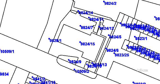 Parcela st. 9824/15 v KÚ Plzeň, Katastrální mapa