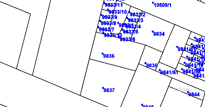 Parcela st. 9836 v KÚ Plzeň, Katastrální mapa