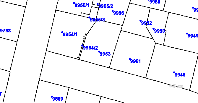 Parcela st. 9953 v KÚ Plzeň, Katastrální mapa