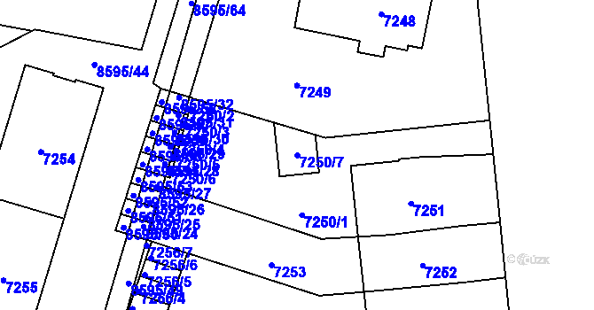 Parcela st. 7250/7 v KÚ Plzeň, Katastrální mapa