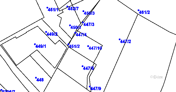 Parcela st. 447/10 v KÚ Plzeň, Katastrální mapa