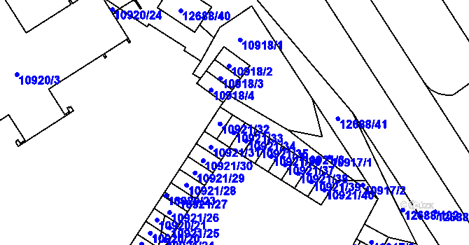 Parcela st. 10921/33 v KÚ Plzeň, Katastrální mapa