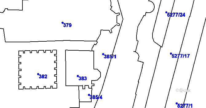 Parcela st. 385/1 v KÚ Plzeň, Katastrální mapa