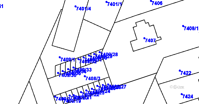 Parcela st. 7409/28 v KÚ Plzeň, Katastrální mapa