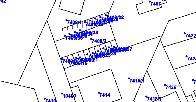 Parcela st. 7409/24 v KÚ Plzeň, Katastrální mapa